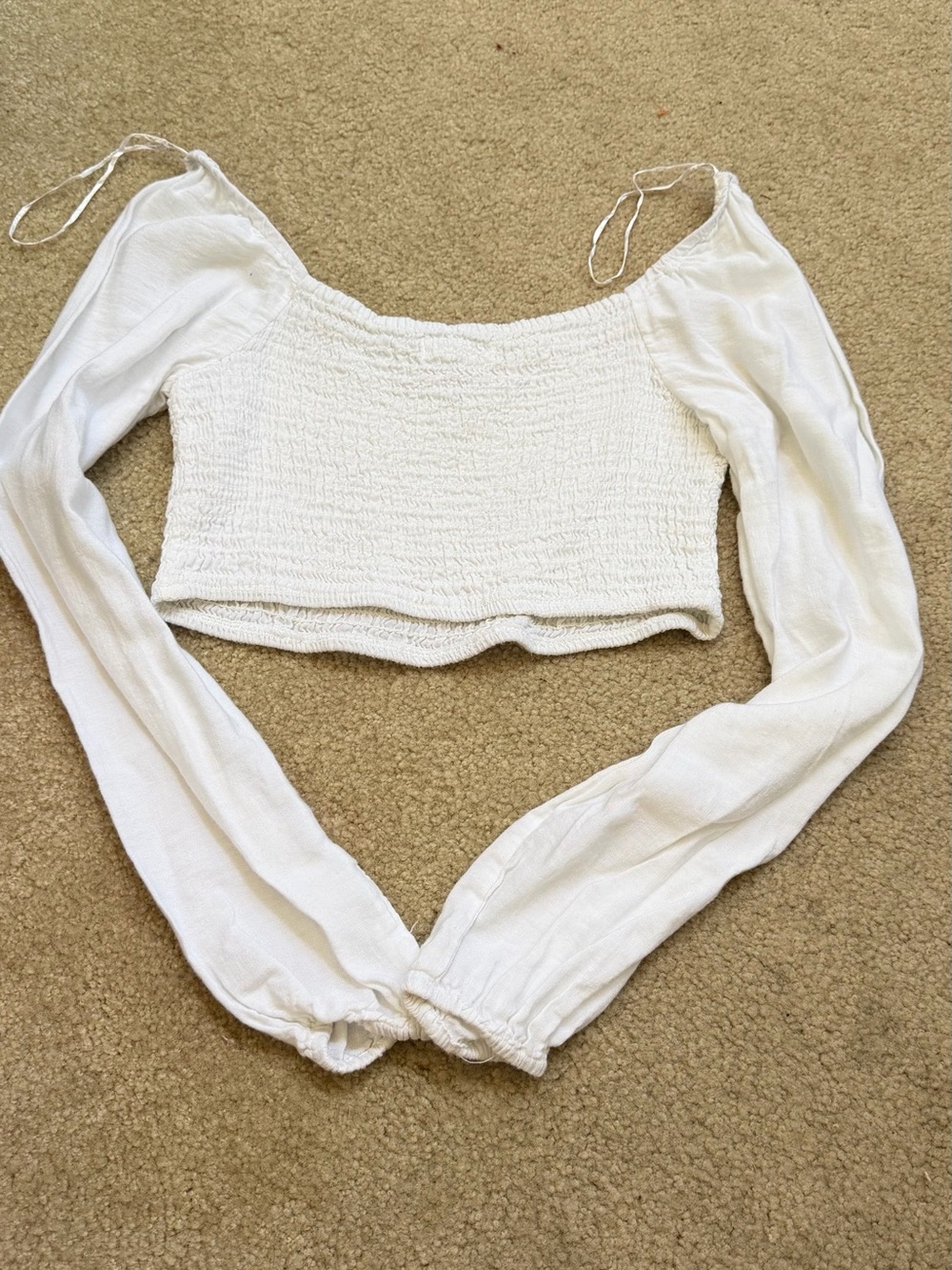 White Smocked Off-Shoulder Long Sleeve Crop Top